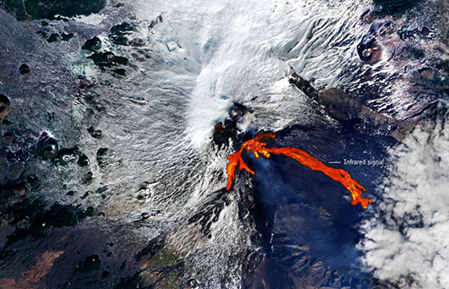 从太空看到埃特纳火山的火热爆发